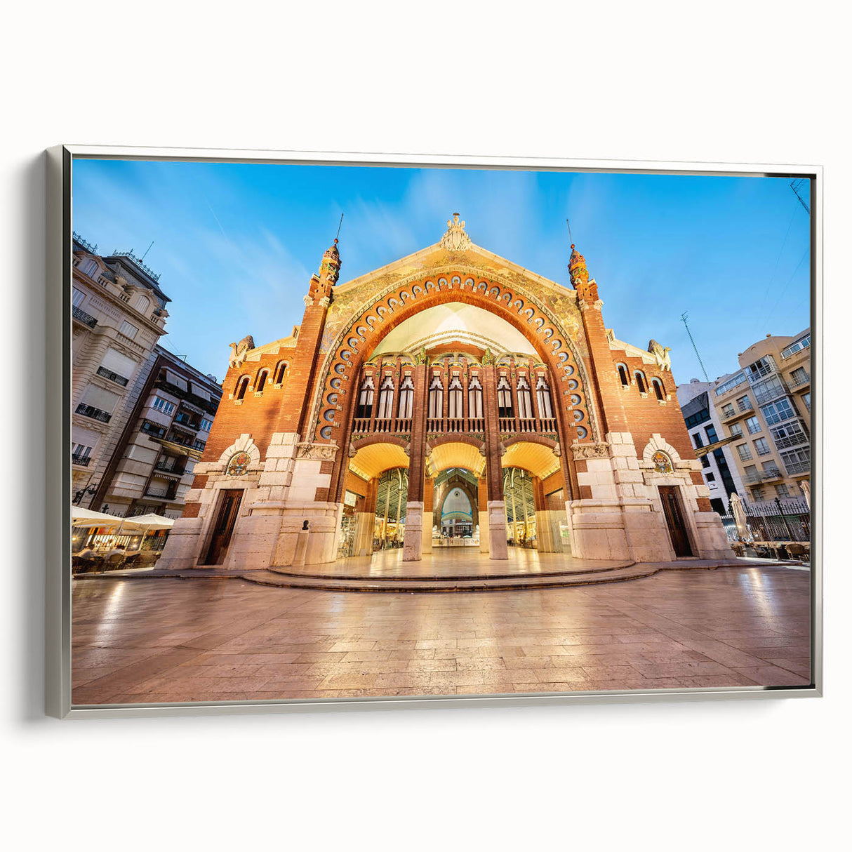 Landscape art painting of Valencia featuring vibrant, colorful scenery on silver-framed canvas, ideal for living room decor.