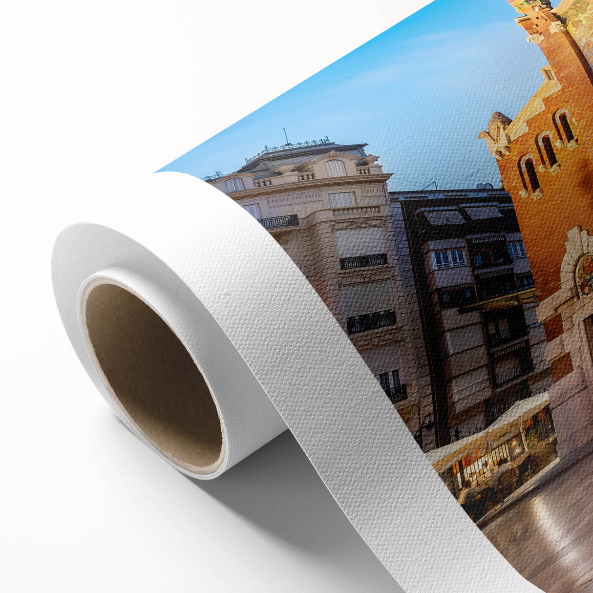 Art Deco style poster of Valencia scenery on rolled canvas with soft pastel colors, ideal for nursery wall art.