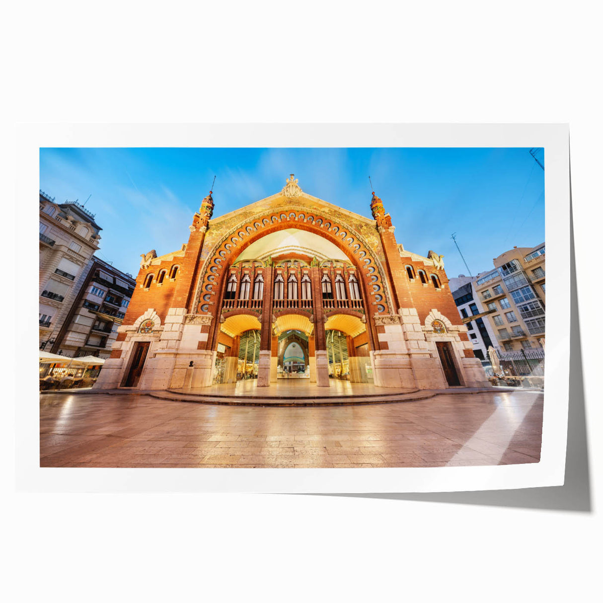 Rolled print of a Valencia, Spain scenery with vibrant floral elements, ideal for art wall dining room decor.