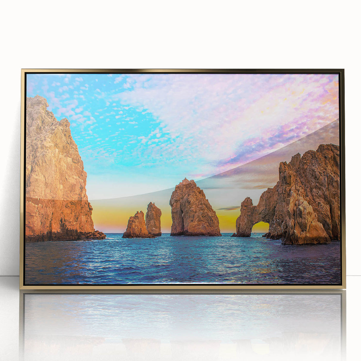 Mid-century modernist acrylic print of Baja California scenery, featuring earth tones, ideal for modern art wall decor.