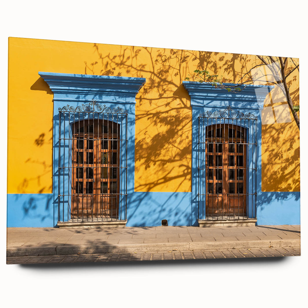 Large abstract wall art of Oaxaca, Mexico in vibrant colors on acrylic glass, ideal for bedroom or dining room decor.
