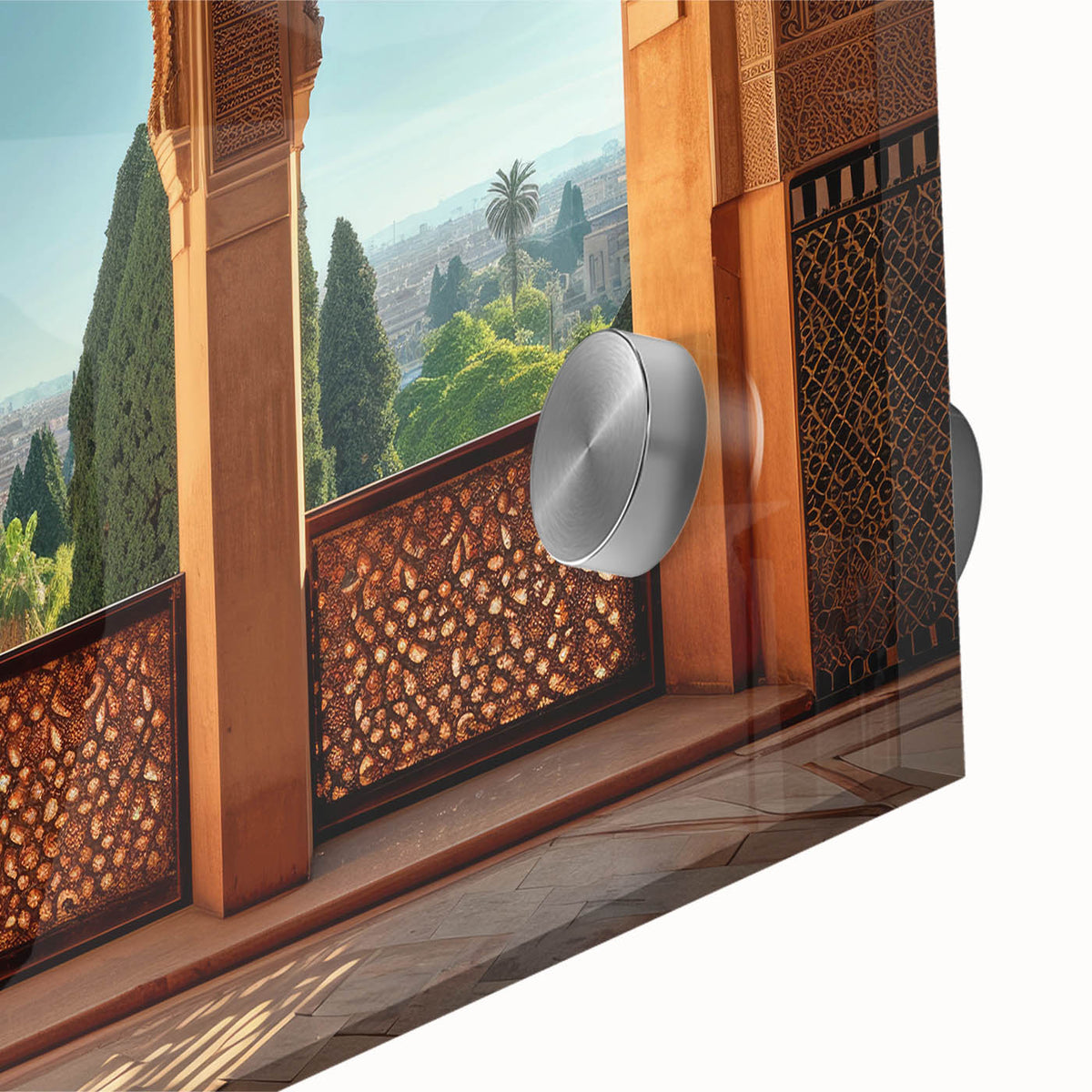 Large abstract wall art depicting a Middle Eastern scenery in muted earth tones on acrylic glass.
