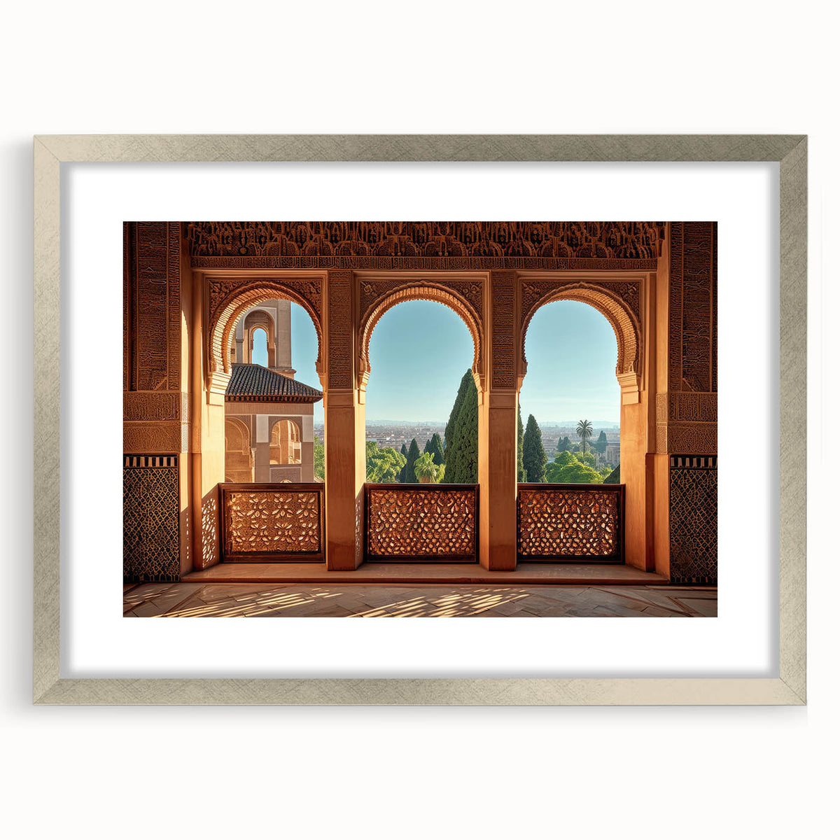 Textured abstract art print depicting a Middle Eastern scenery in muted earth tones, framed with a silver mat.
