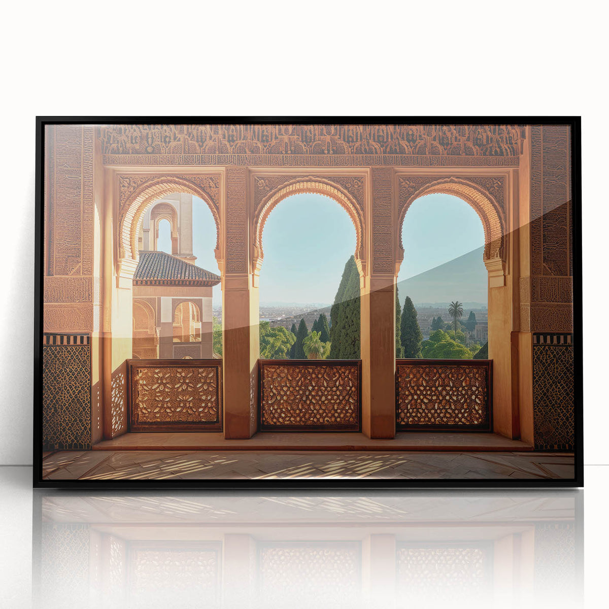 Large abstract wall art depicting a Middle-Eastern scenery in muted earth tones on a framed acrylic.