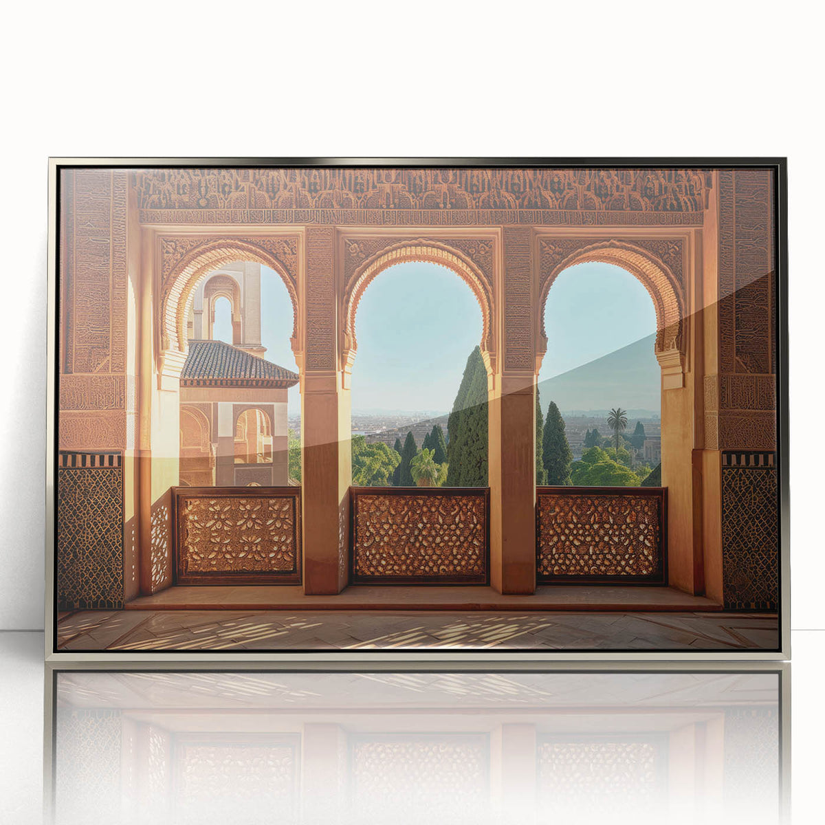 Mid-century modernist art depicting an Afghan landscape in muted earth tones on a framed acrylic print.