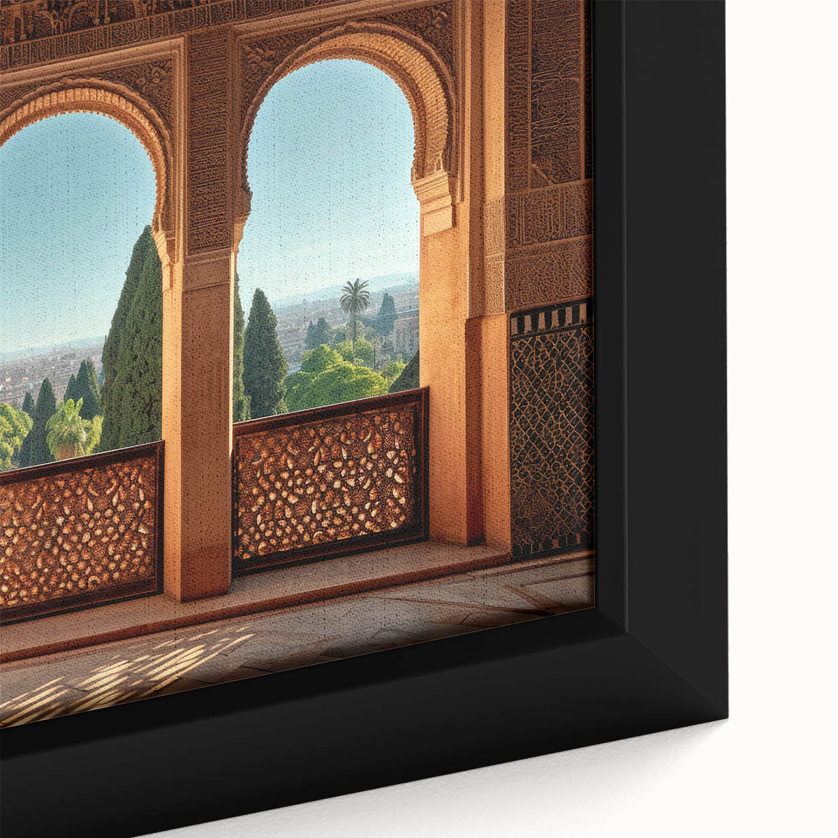 Textured black wall art depicting a Middle Eastern scenery in vibrant colors on a framed canvas, ideal for living room decor.
