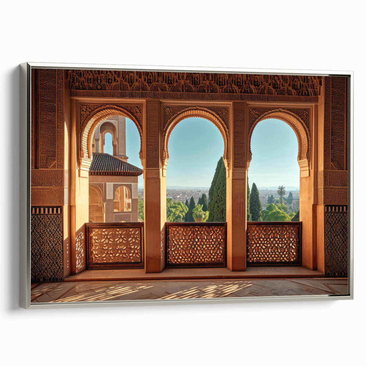Landscape art painting depicting a Middle Eastern scenery on a framed canvas.