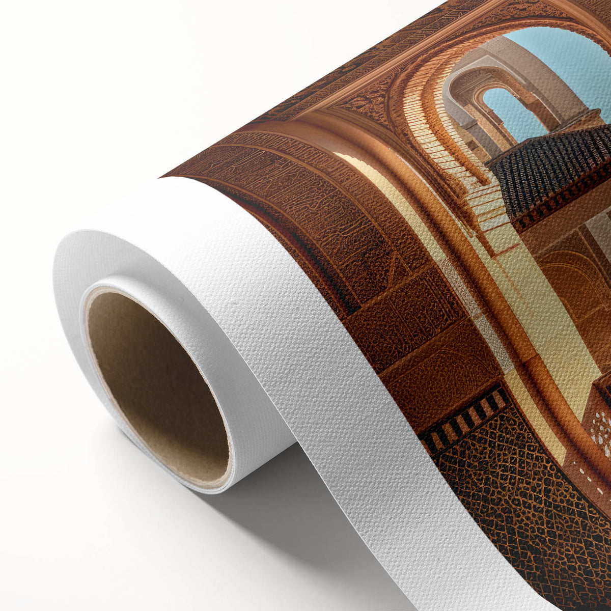 Art deco poster of a Middle Eastern scenery in muted earth tones on rolled canvas, ideal for nursery wall art.