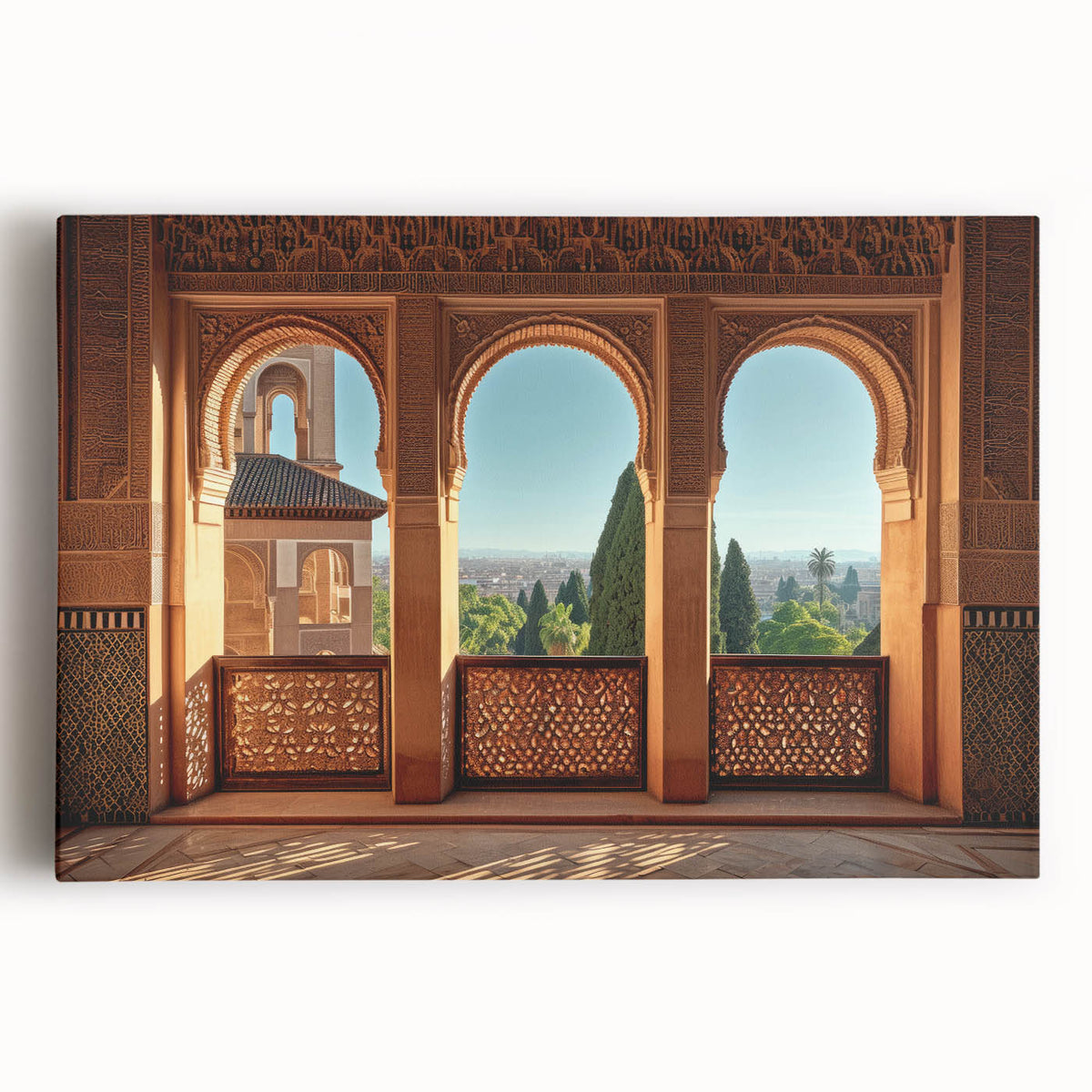 Black and white stretched canvas of a Middle Eastern landscape, ideal for kitchen wall art.