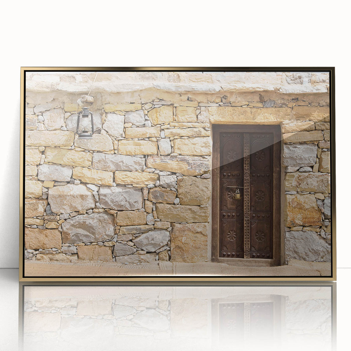Large art print of Dubai skyline in gold and blue tones on framed acrylic, suitable for modern art wall decor.