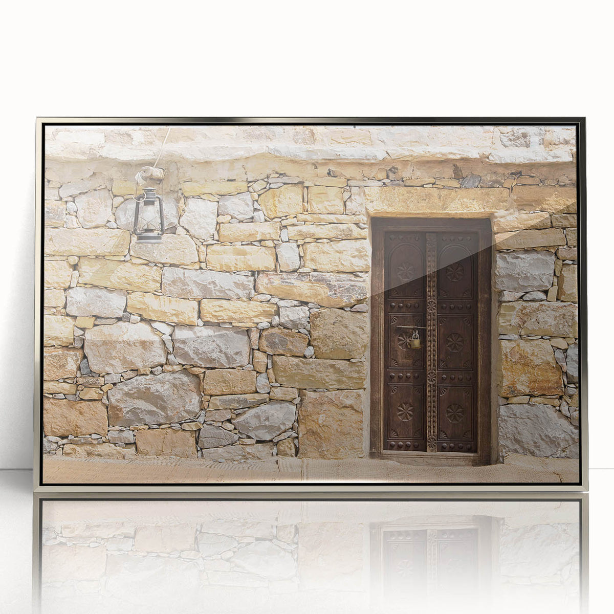 Mid-century modernist art of Dubai skyline in muted silver tones on framed acrylic, suitable for modern art wall decor.