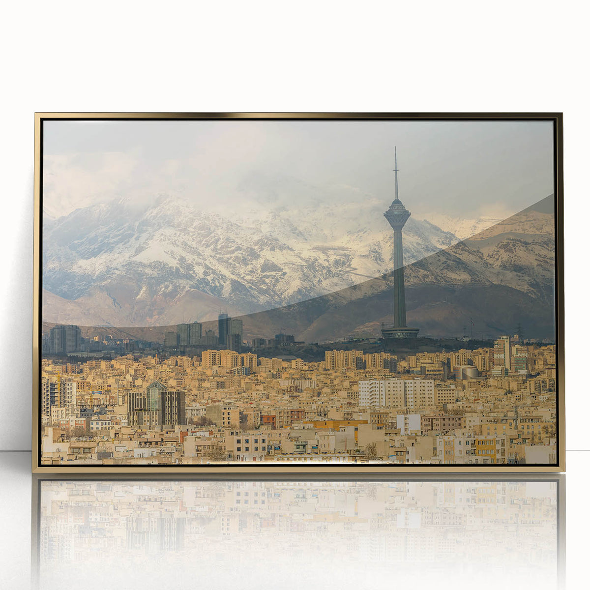 Large acrylic print of a mid-century modernist Iranian landscape in gold and earth tones, ideal for modern art wall decor.
