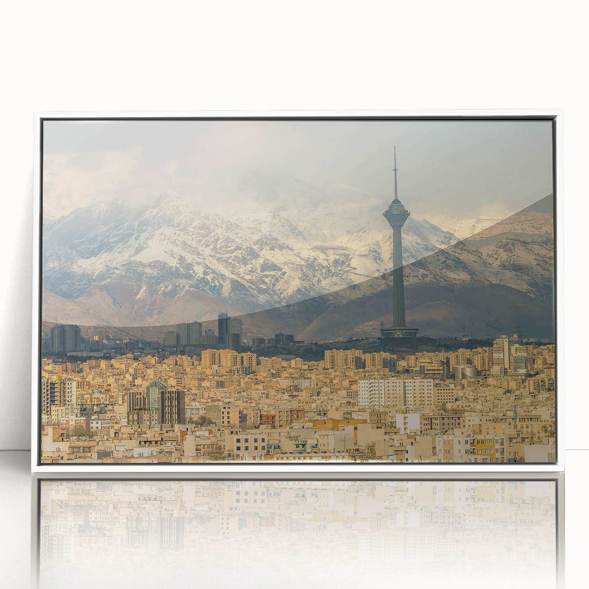 Art deco poster of a Middle Eastern scenery in Iran, rendered in soft pastel shades on a framed acrylic.