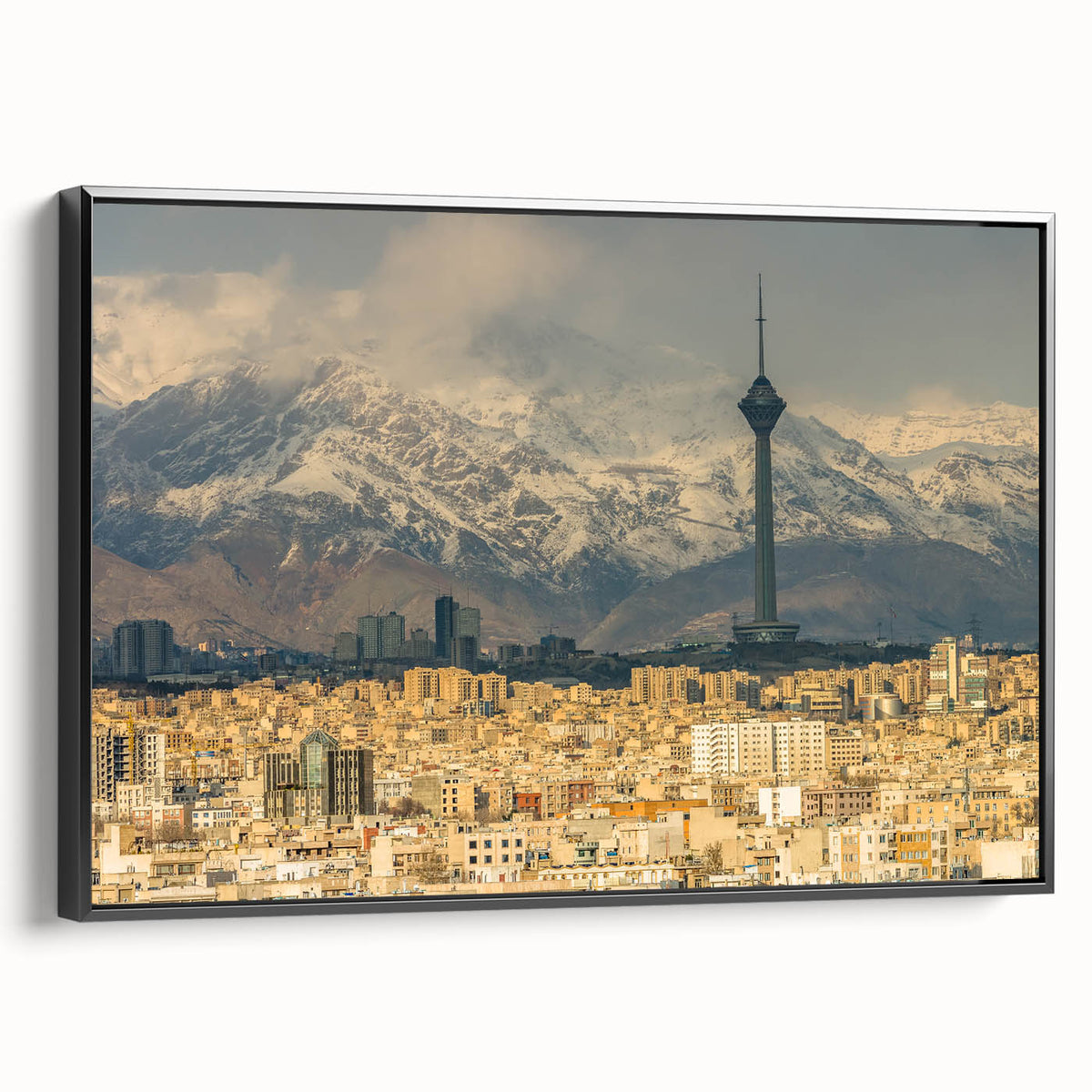 Black and white landscape art painting of a Middle Eastern scenery on framed canvas, suitable for bedroom wall decor.