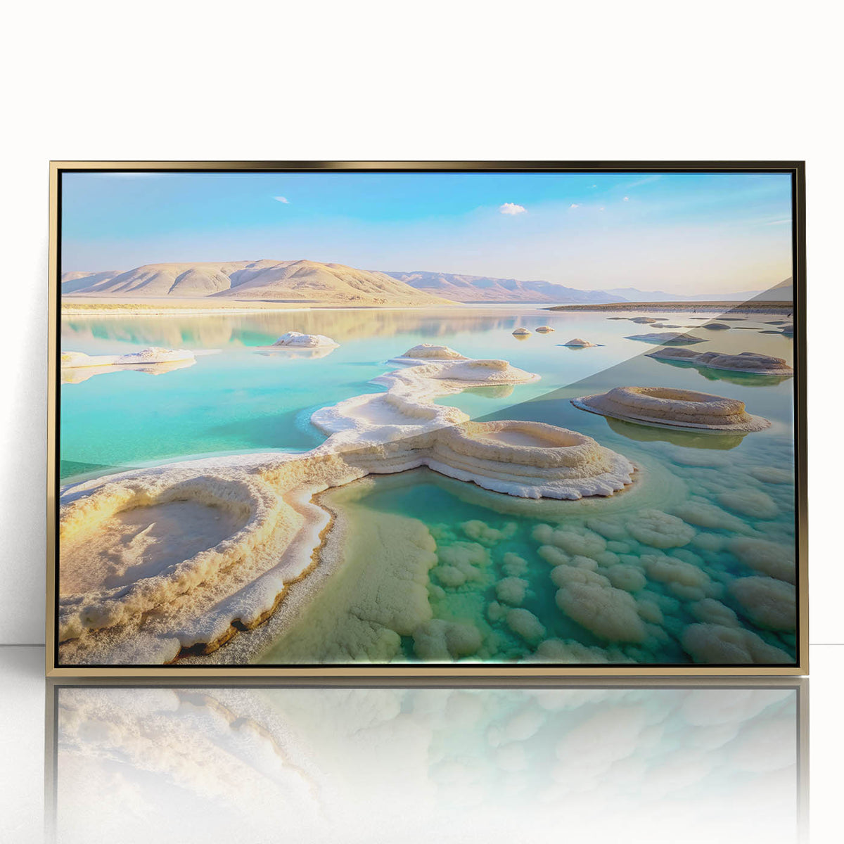 Mid-century modernist style large art print of the Dead Sea in muted gold and blue tones, framed acrylic.