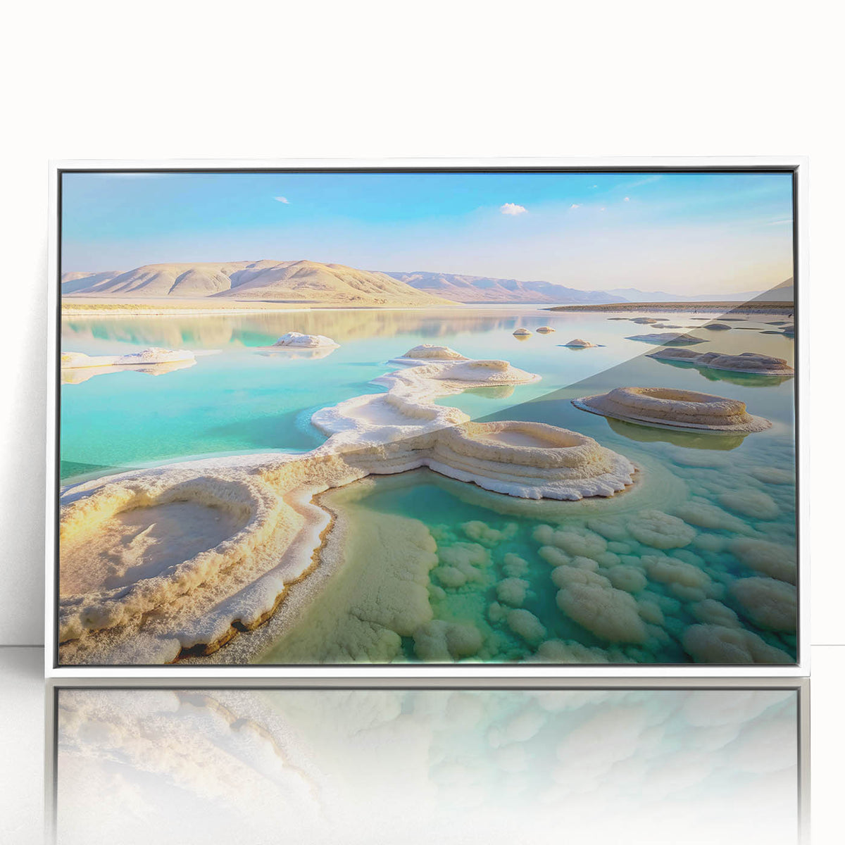 Acrylic print of the Dead Sea with muted blue and beige tones in an art deco style, ideal for modern art wall decor.