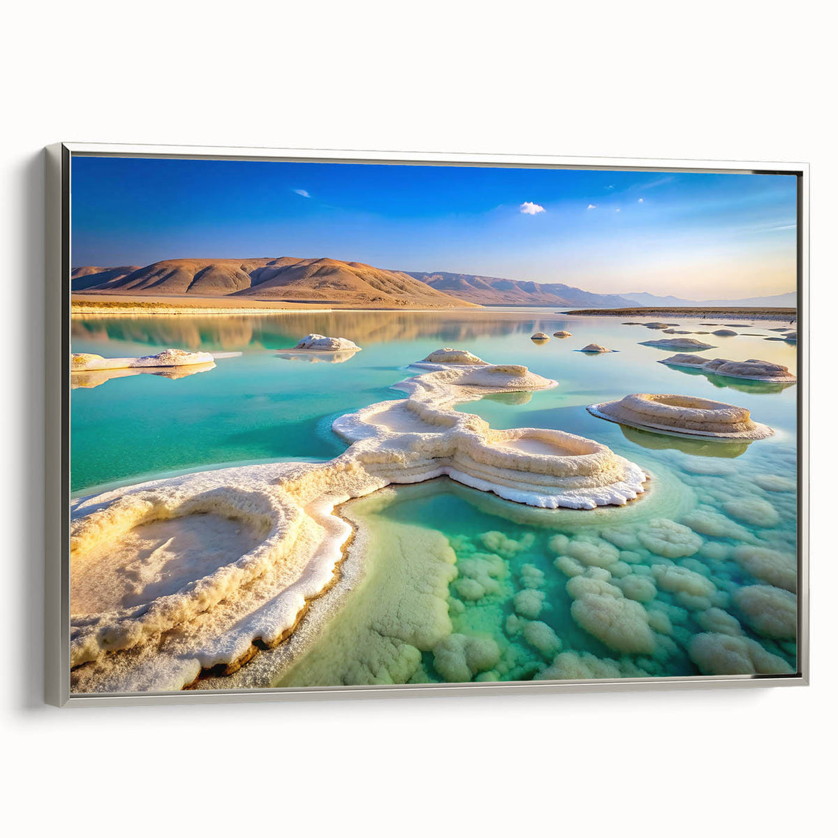 Landscape art painting of the Dead Sea with muted blue and beige tones on a framed canvas, suitable for living room decor.