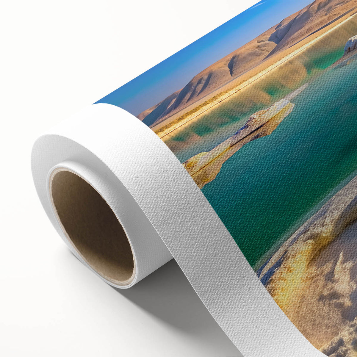 Art deco poster of the Dead Sea in muted blue and beige tones on rolled canvas, ideal for nursery wall art.