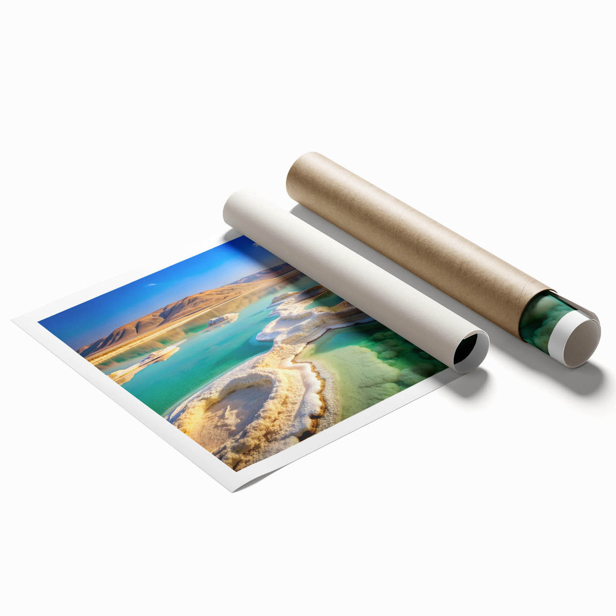 Extra large rolled print of the Dead Sea in muted blue tones, ideal for classy bathroom wall art.