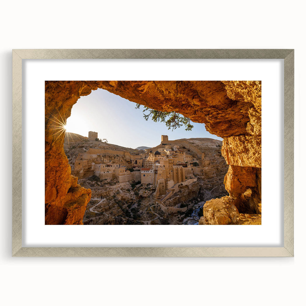 Textured art print of Jerusalem skyline in muted earth tones on a framed canvas, suitable for bedroom art.