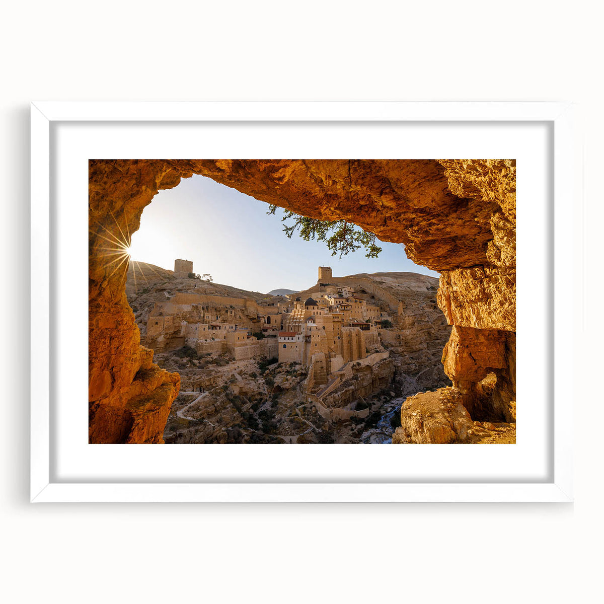 Abstract art print of Jerusalem skyline in muted earth tones on a white-matted frame, ideal for dining room art.