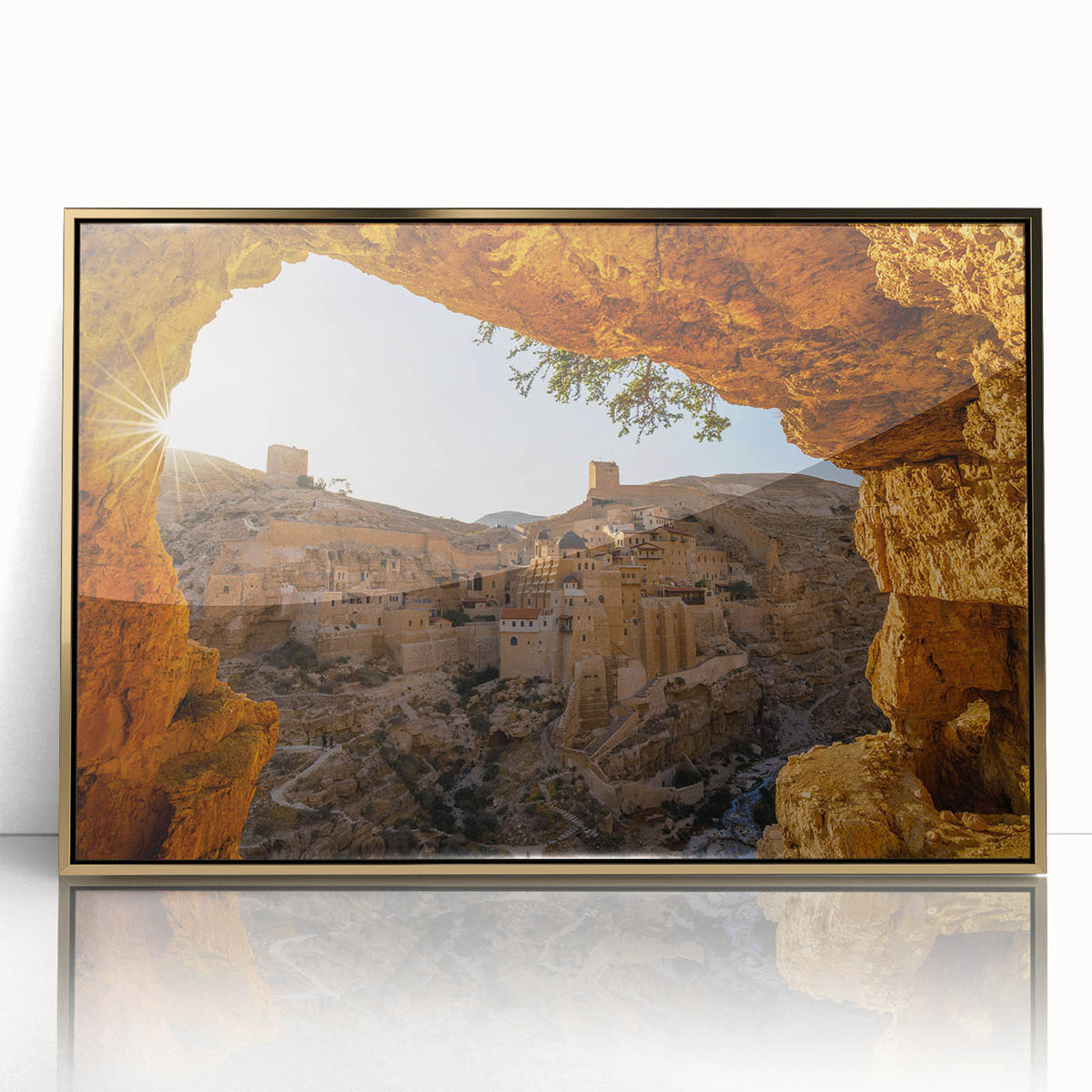 Framed acrylic print of Jerusalem skyline in gold and beige tones, ideal for modern art wall decor.