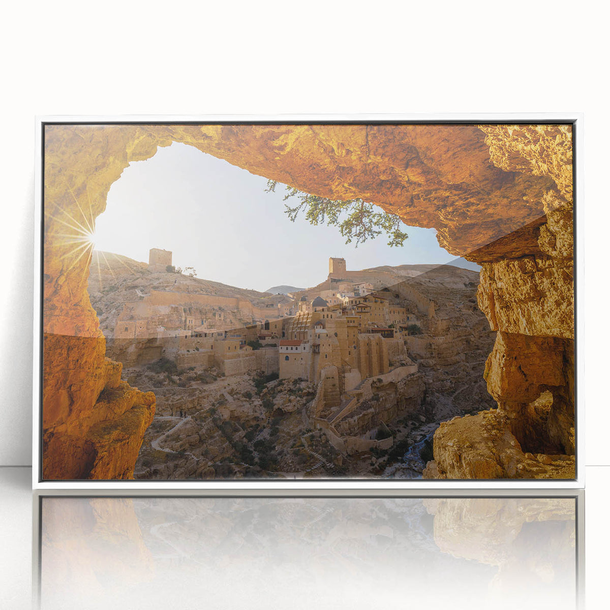 Acrylic print of Jerusalem scenery in muted earth tones, framed in white, suitable as modern art wall decor for a nursery.