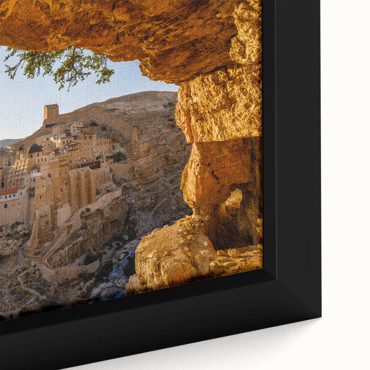 Extra large framed canvas of Jerusalem scenery in black with colorful, textured details, ideal for living room decor.