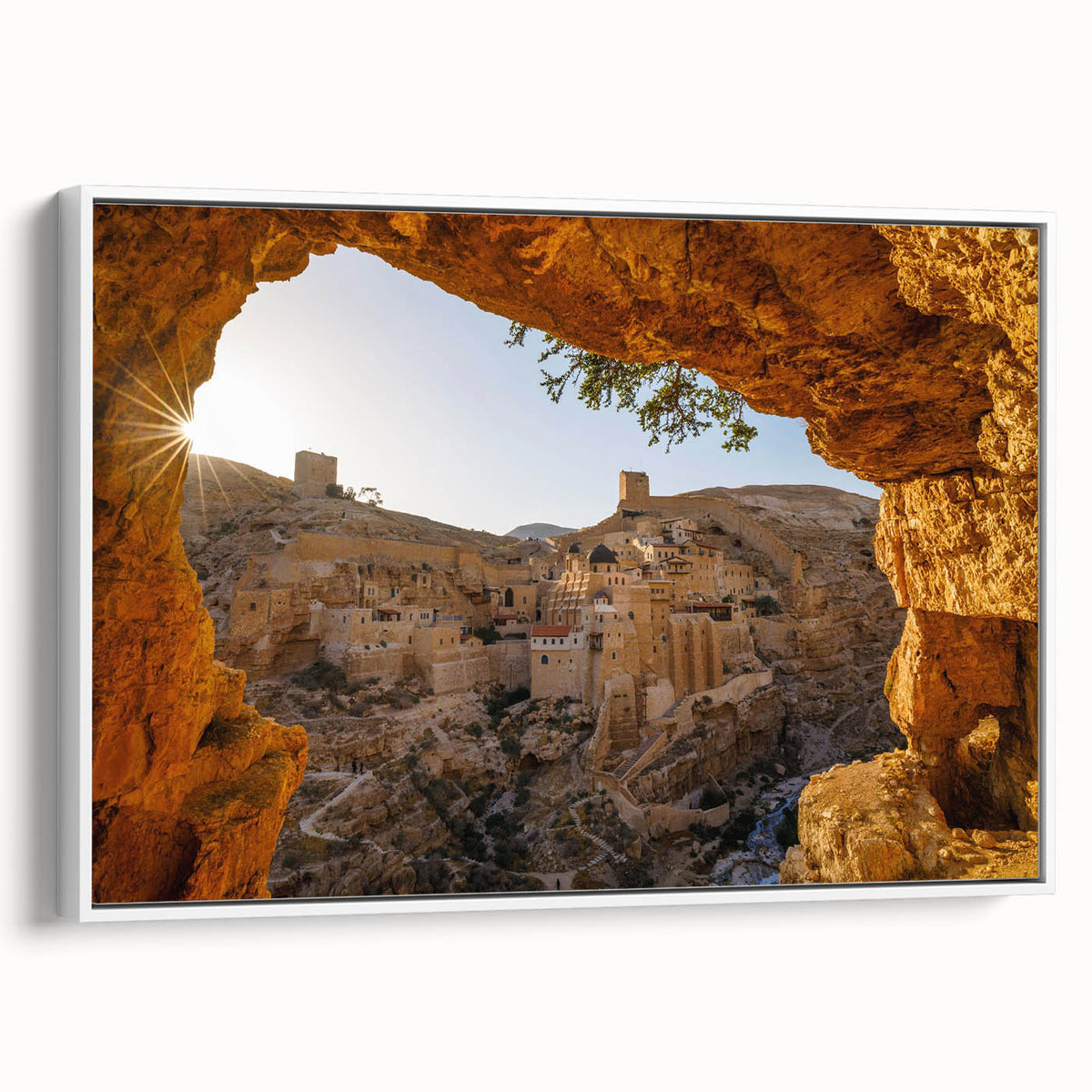 Vintage poster art of Jerusalem in vibrant colors on a white framed canvas, suitable for living room decor.