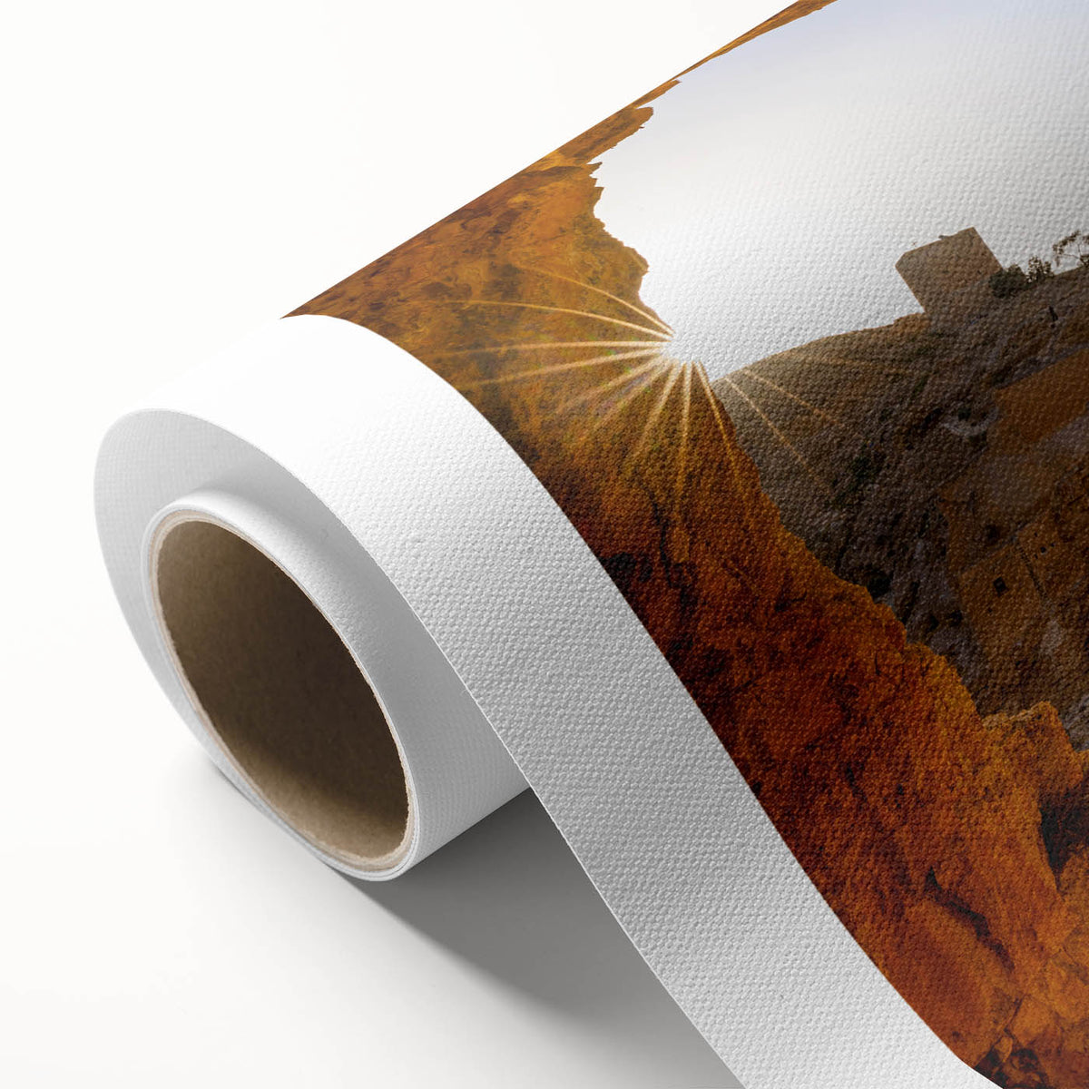 Art Deco poster of Jerusalem skyline in muted gold and brown tones on rolled canvas, ideal for nursery wall art.