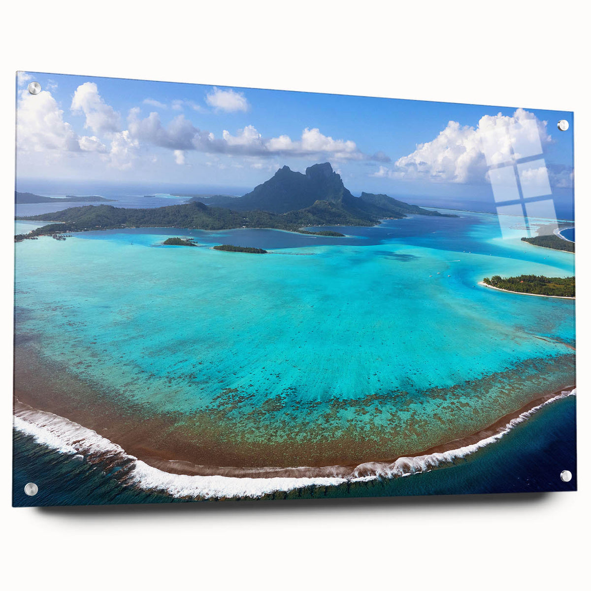 Acrylic print of Bora Bora scenery, featuring turquoise waters and lush islands, ideal for bedroom or dining room decor.