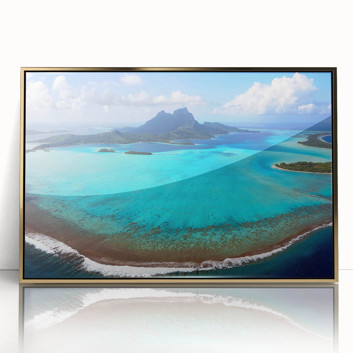 Large art print of Bora Bora scenery in mid-century modernist style, with vibrant blue and green hues.