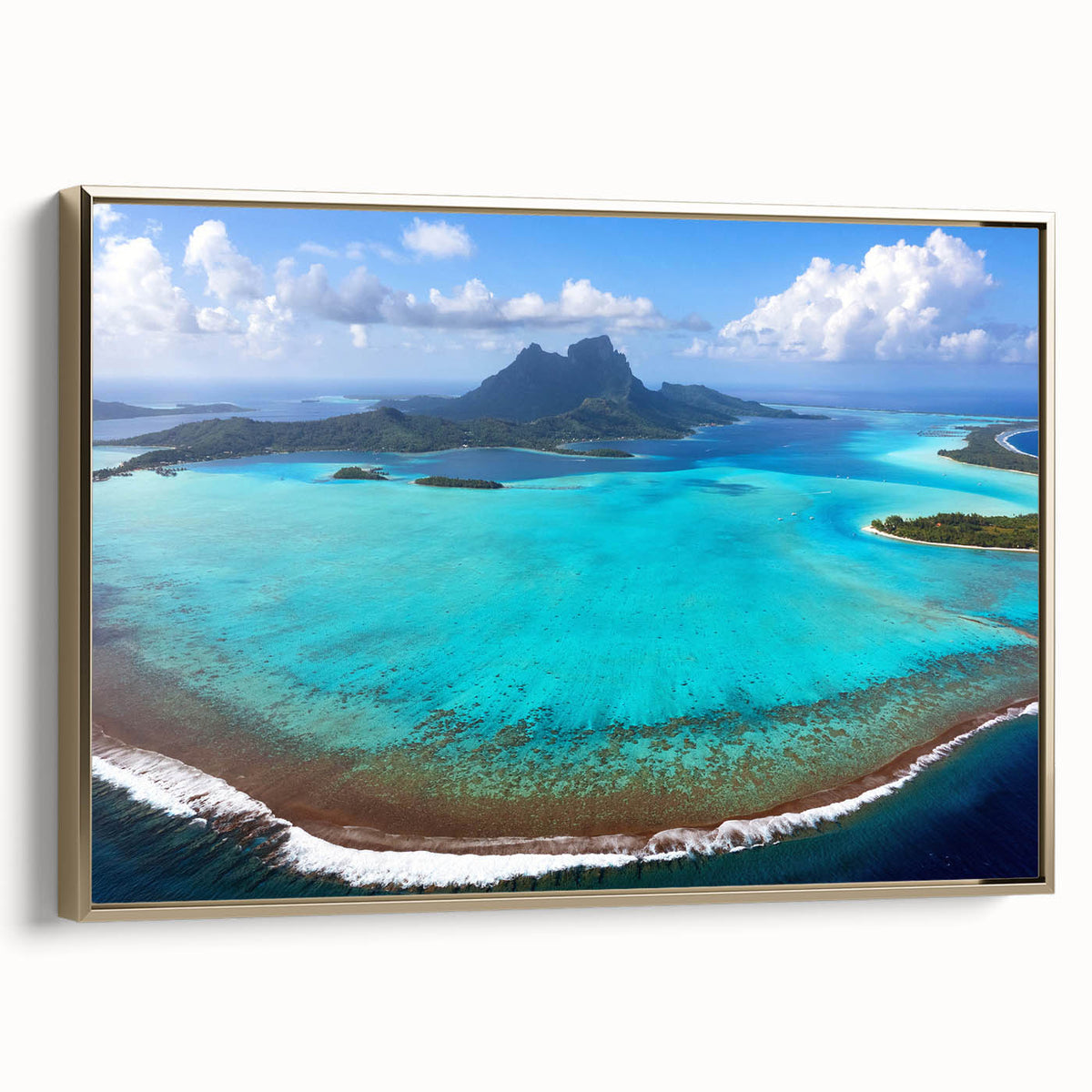 Framed canvas of a serene Bora Bora landscape in muted blue and green tones, ideal for bedroom wall art.