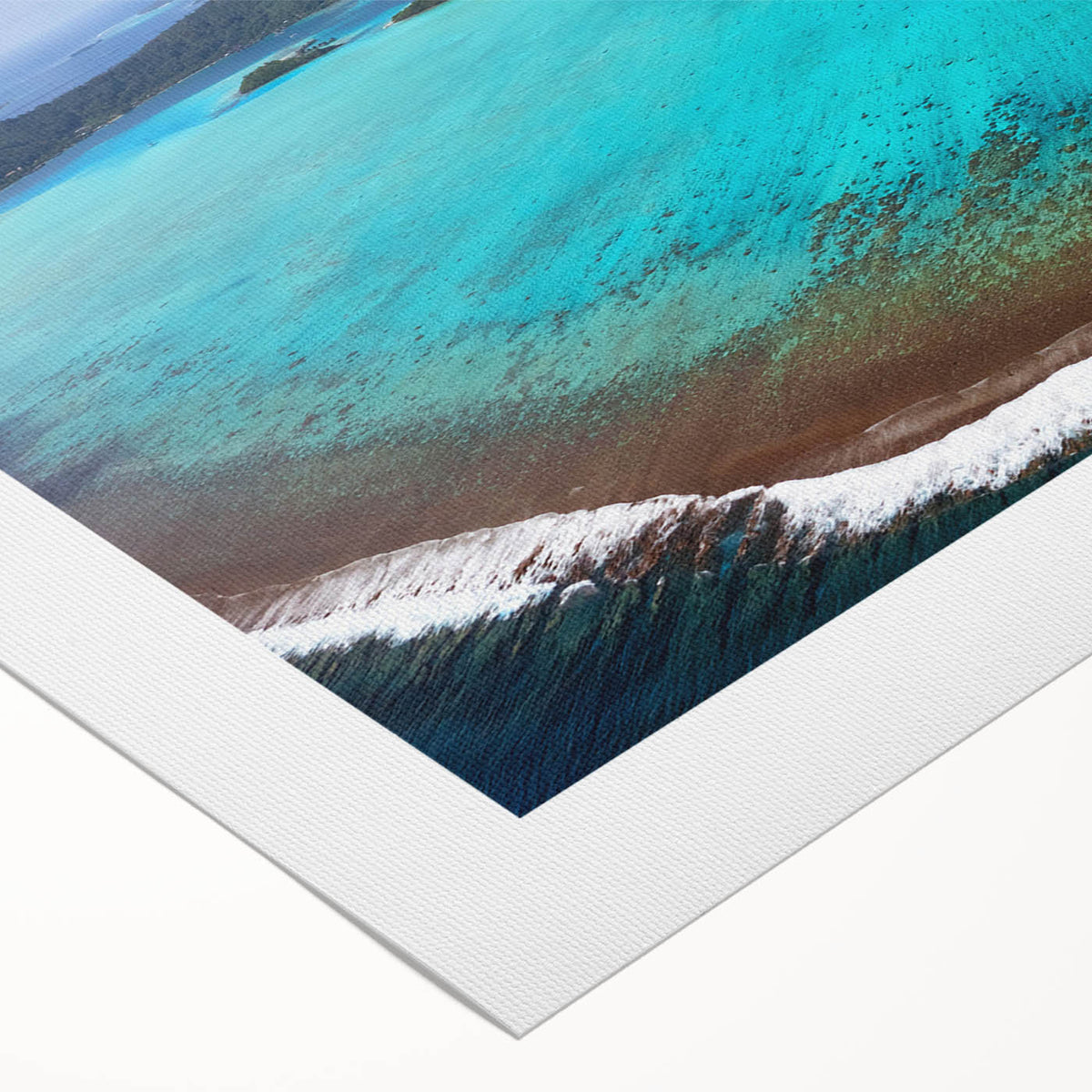 Art deco poster featuring a serene Bora Bora landscape with soft blue and green hues on rolled canvas.