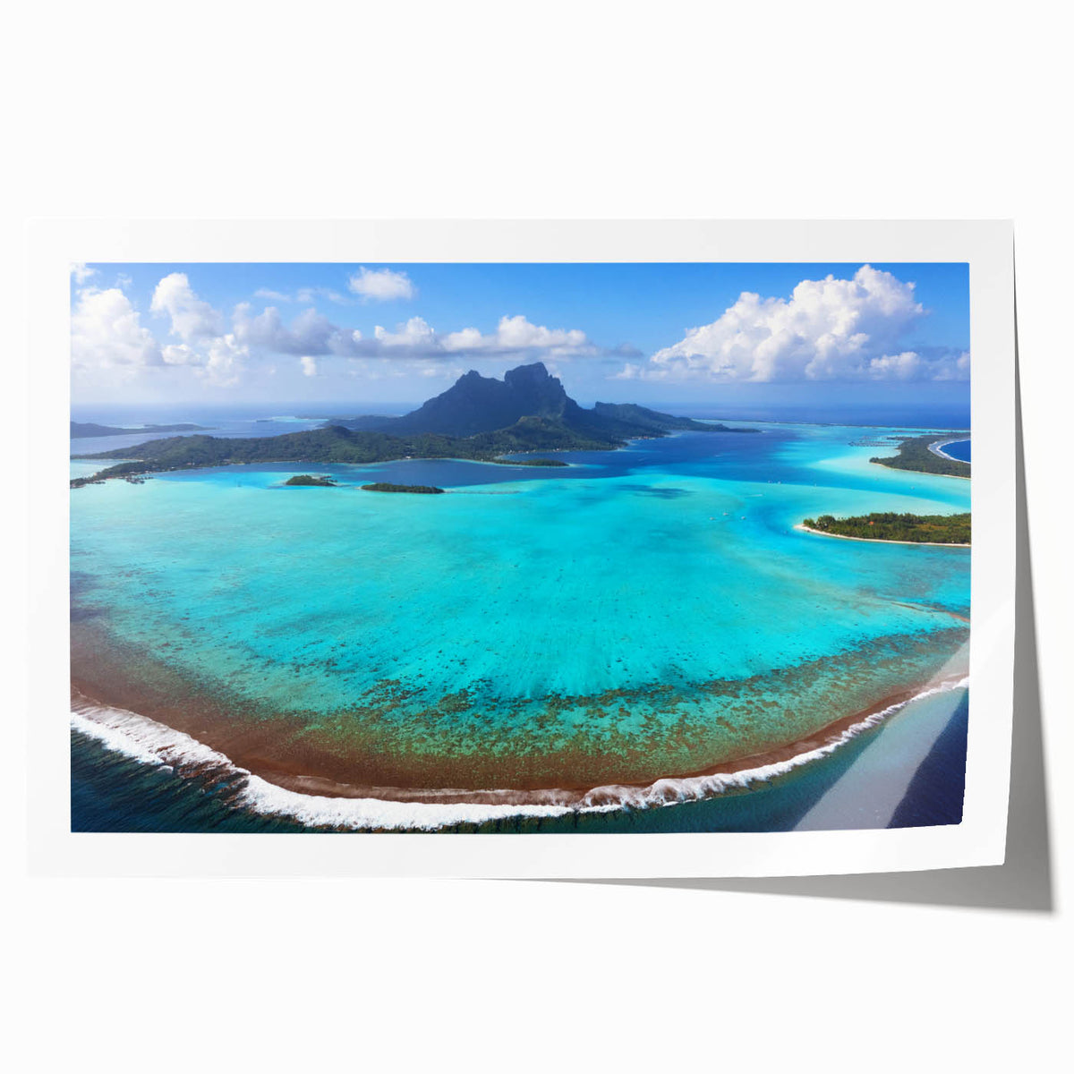 Extra large rolled print of a serene Bora Bora landscape in soft blue and green tones, ideal for art wall dining room.