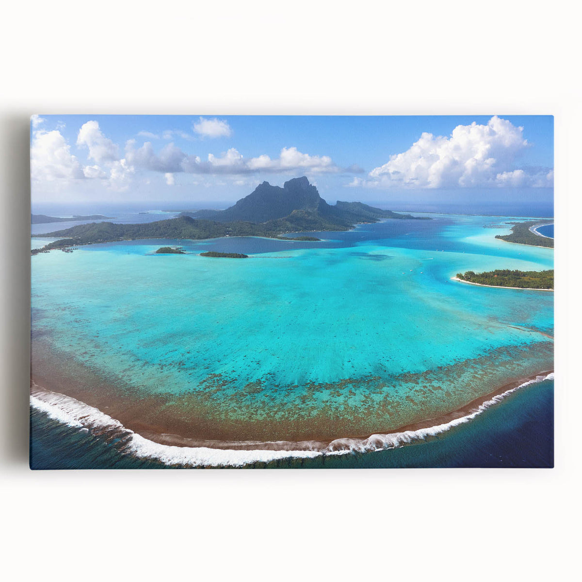 Black and white stretched canvas of Bora Bora's serene landscape, ideal for kitchen wall art.