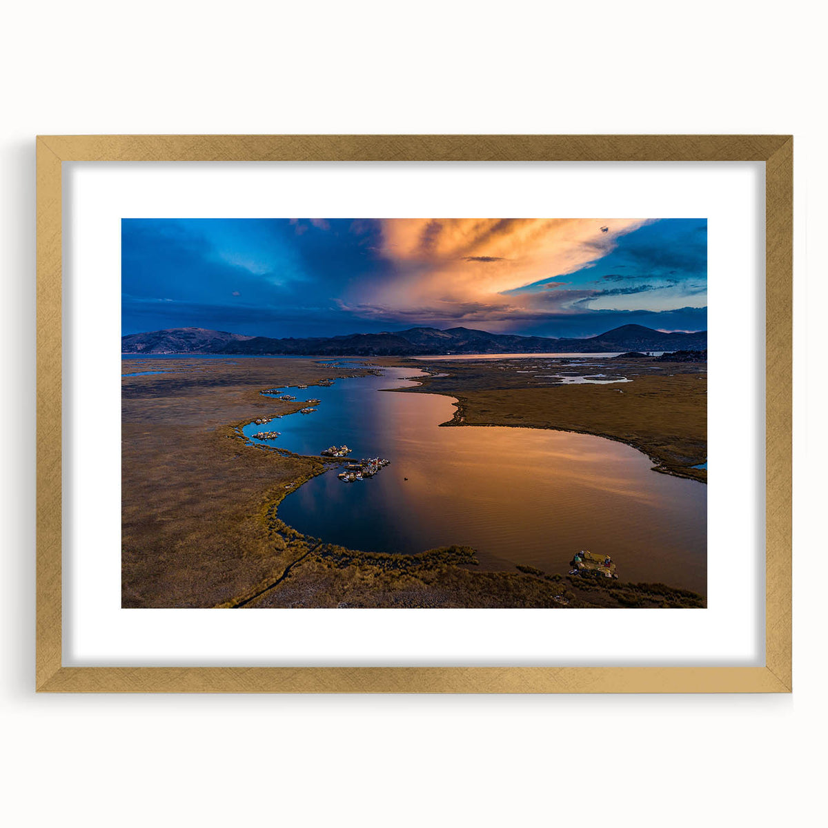 Extra large abstract art print of a textured South American scenery in gold frame, ideal for living room decor.