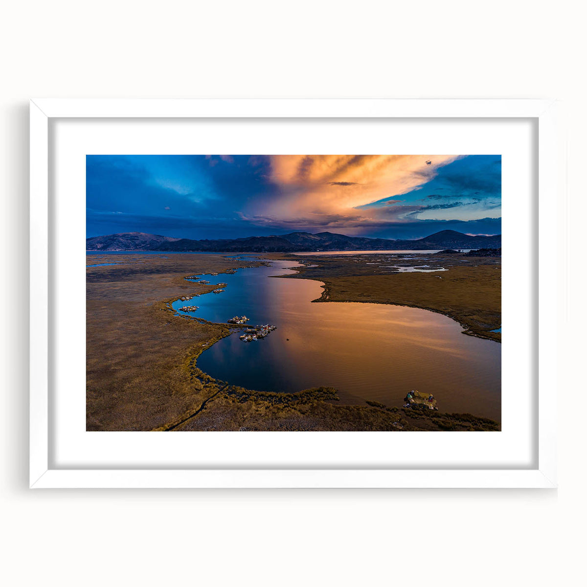 Abstract art print of a South American Peruvian landscape in muted earth tones, framed with a white mat.