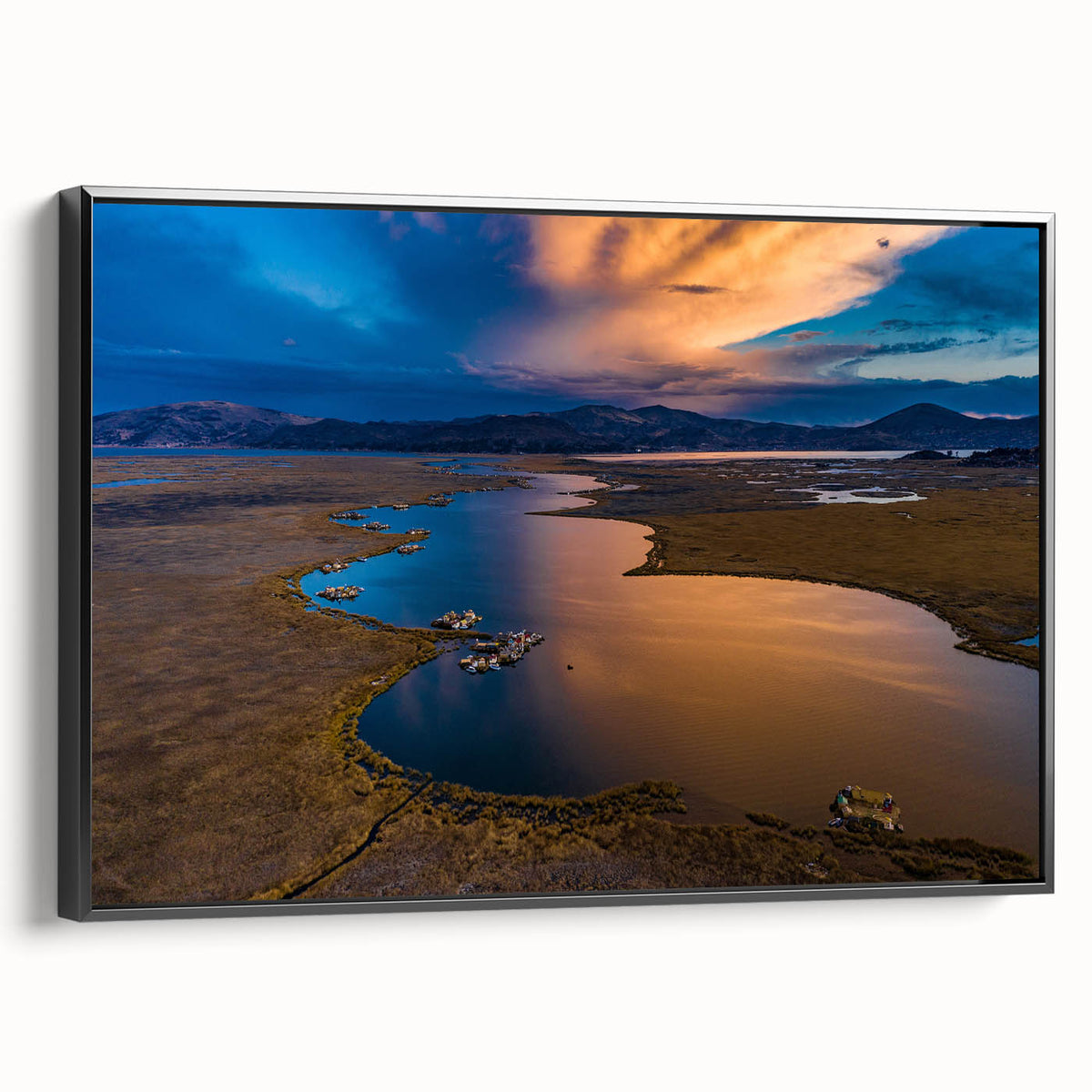 Black and white framed canvas of a vintage-style Peruvian landscape, ideal for bedroom wall decor.
