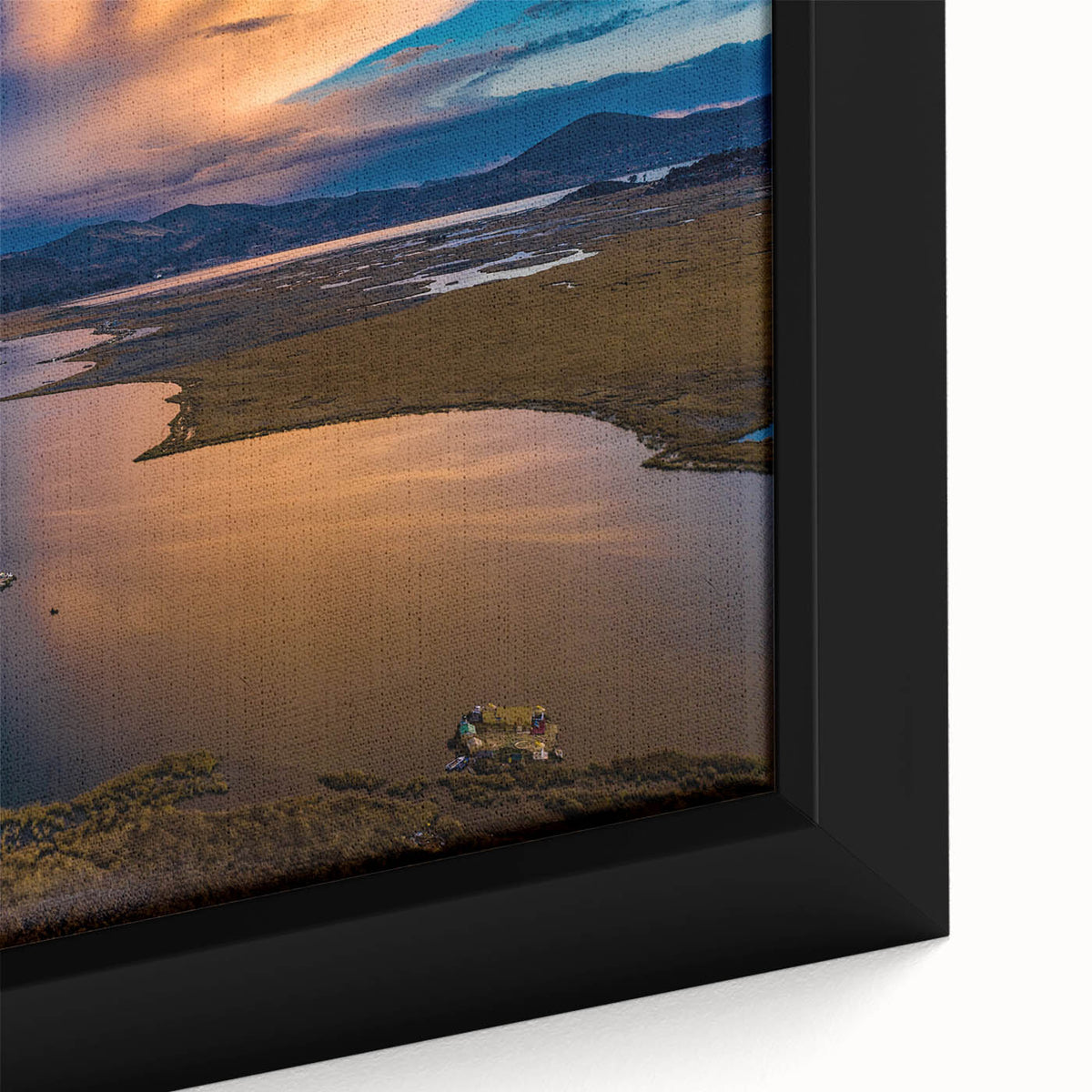 Extra large framed canvas depicting a textured scene of the Peruvian landscape in black with colorful accents.