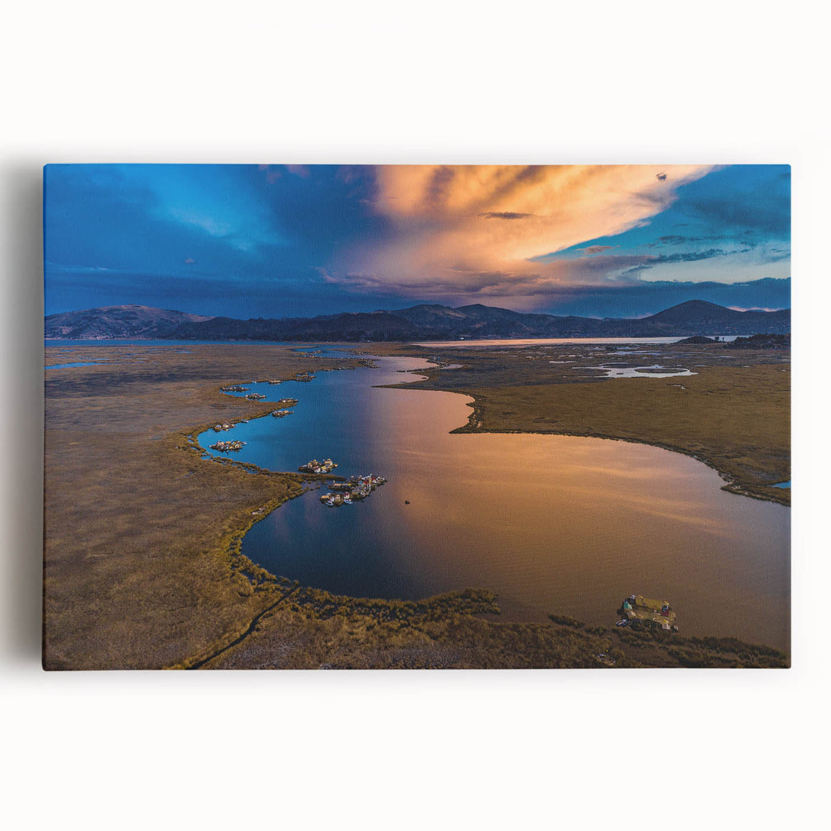 Large black and white stretched canvas print of a scenic view in Peru, suitable for kitchen wall art.