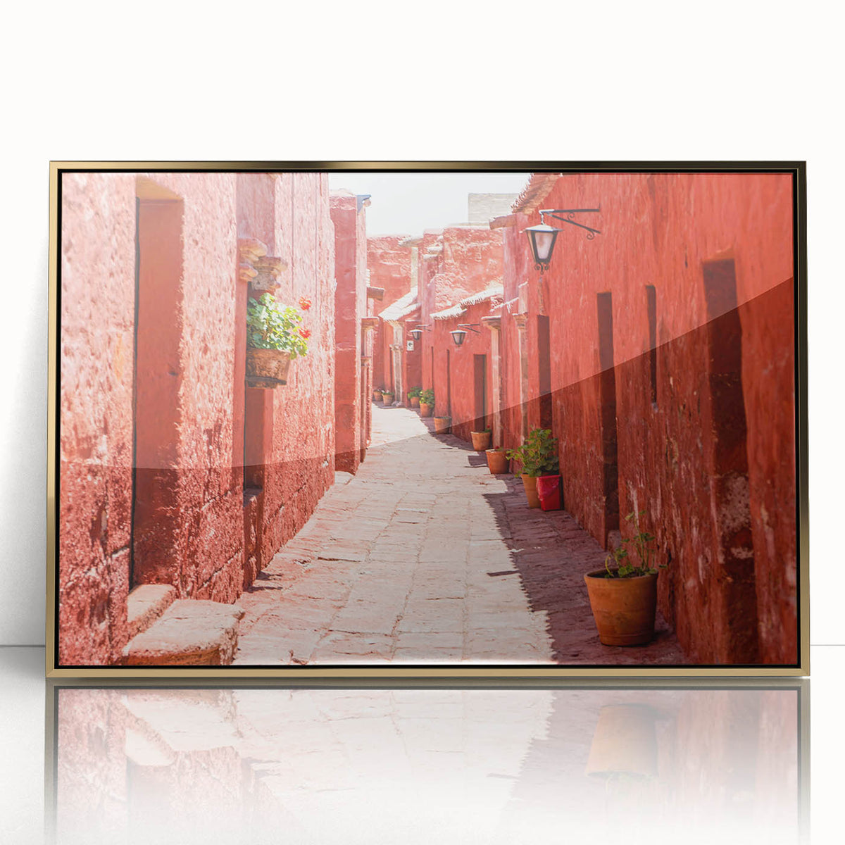 Mid-century modernist art of Catalina Island in subdued hues on a framed acrylic, ideal for modern art wall decor.
