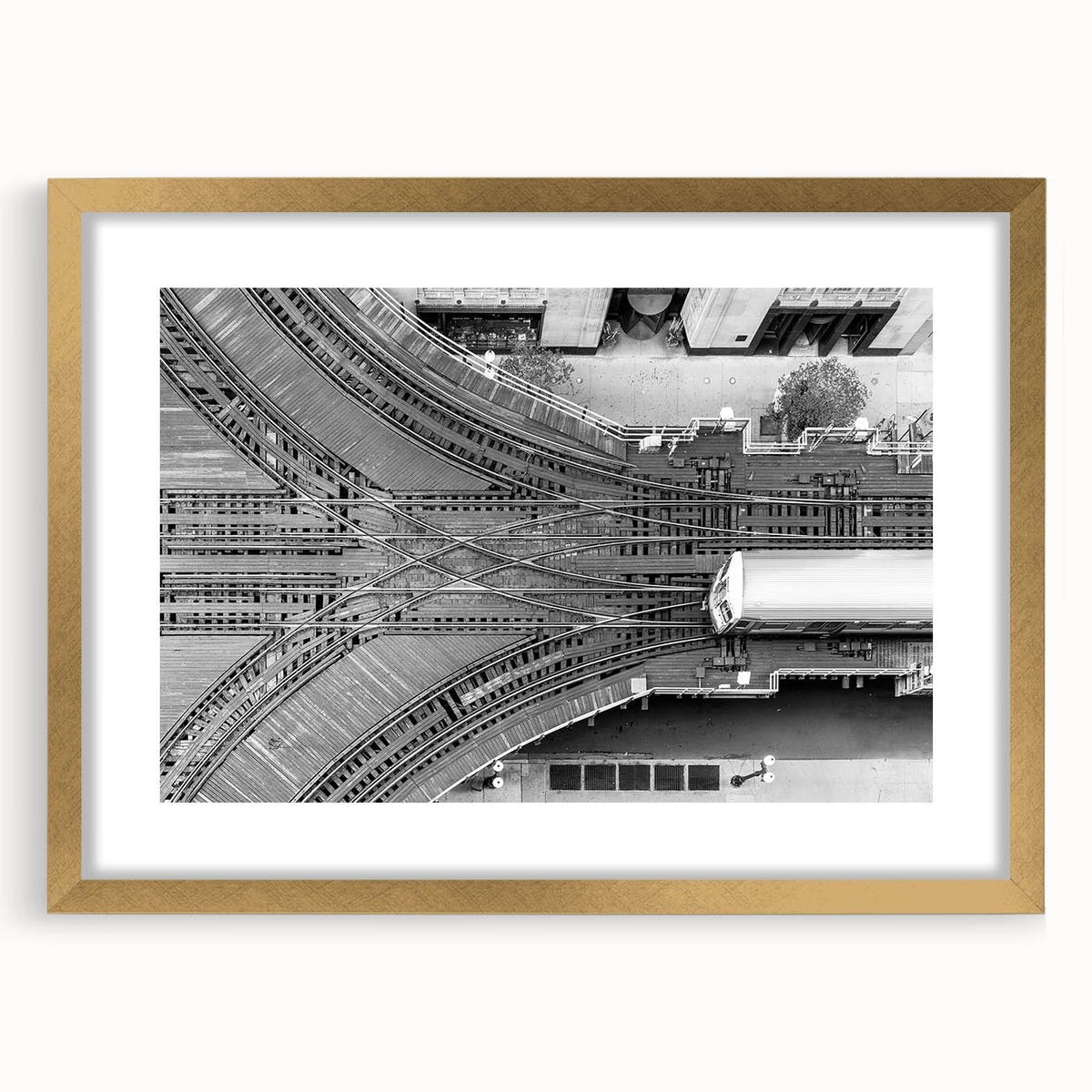 Extra large abstract art print of Chicago skyline in textured gold frame, suited for living room wall.