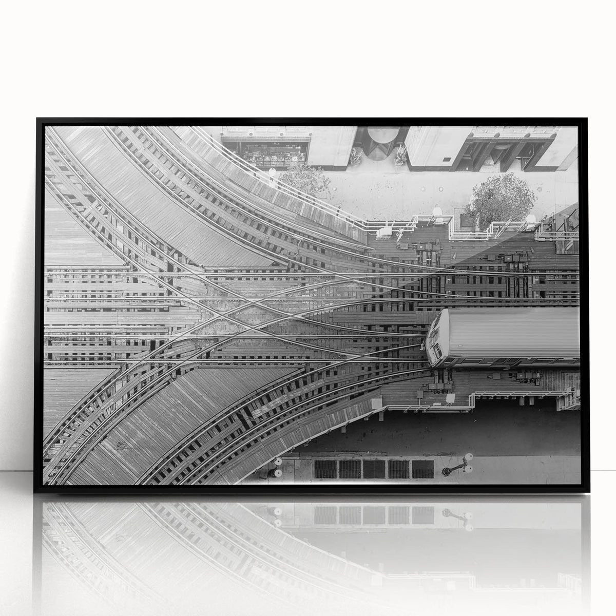 Large abstract wall art of Chicago skyline in black and white tones, acrylic print in a black frame.