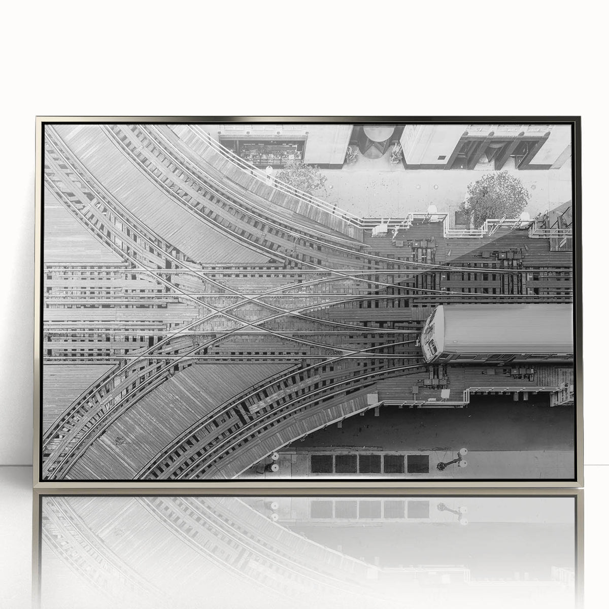 Mid-century modernist art depicting the Chicago skyline in silver and gray tones on a framed acrylic print.