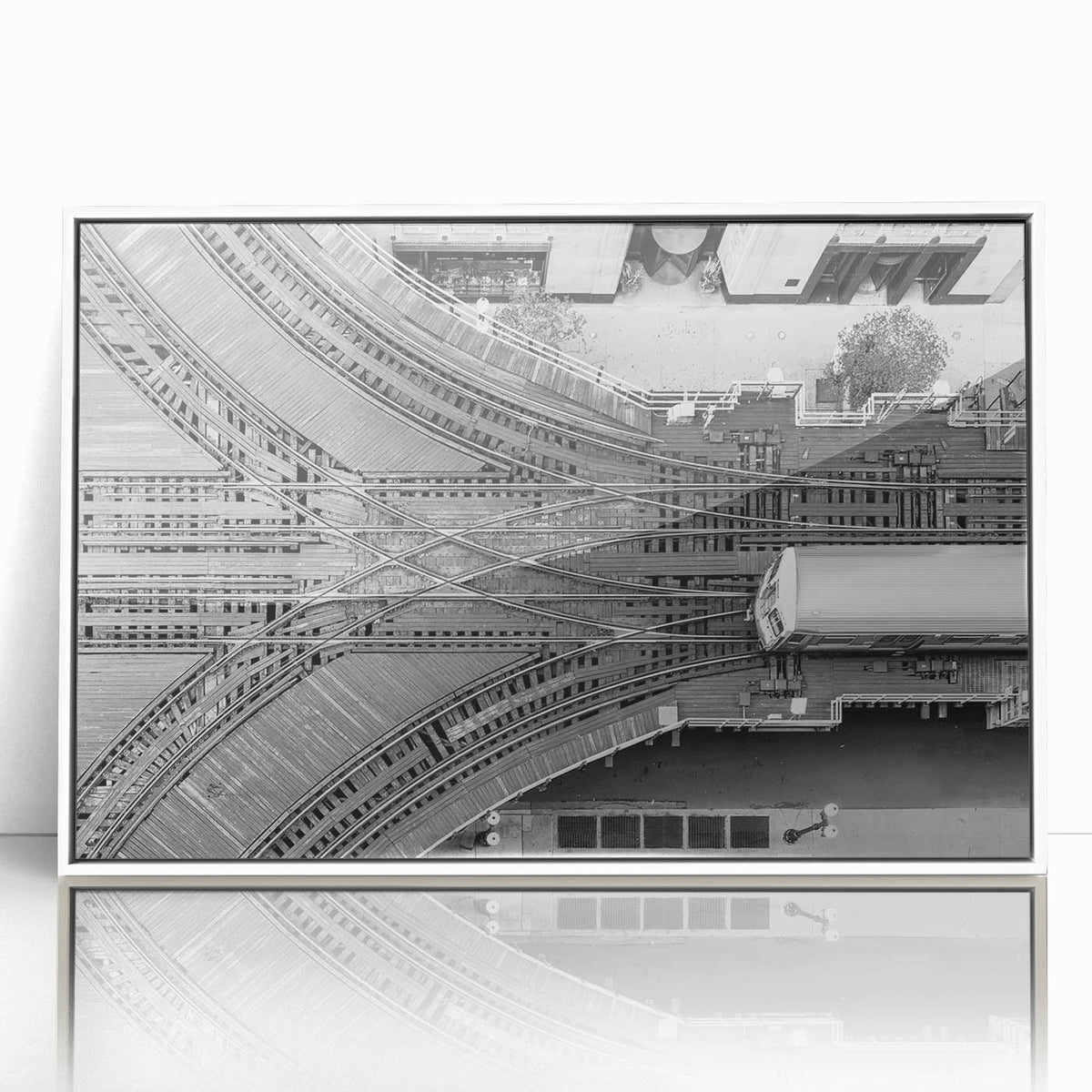 Art deco style Chicago skyline on white acrylic, framed, with muted gray tones, ideal for modern art wall decor in a nursery.