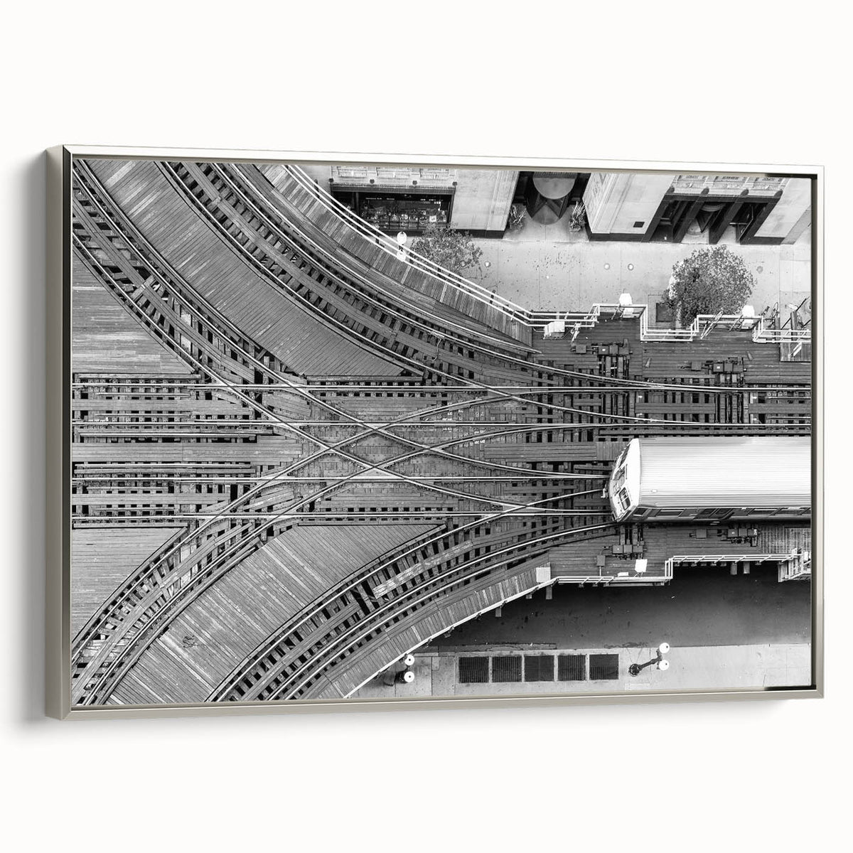 Framed canvas of a vintage Chicago skyline in muted black and colorful tones, ideal for office wall decor.