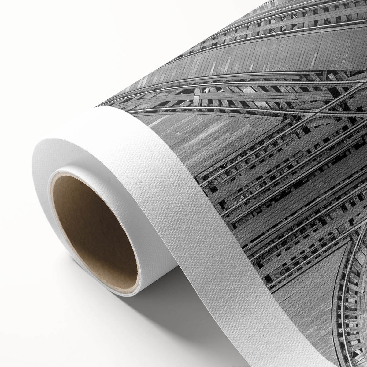 Art deco style Chicago skyline with muted blue and gray tones on rolled canvas, ideal for nursery wall art.