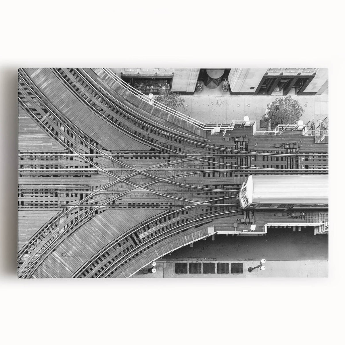 Large black and white stretched canvas of the Chicago skyline, ideal for kitchen wall art.