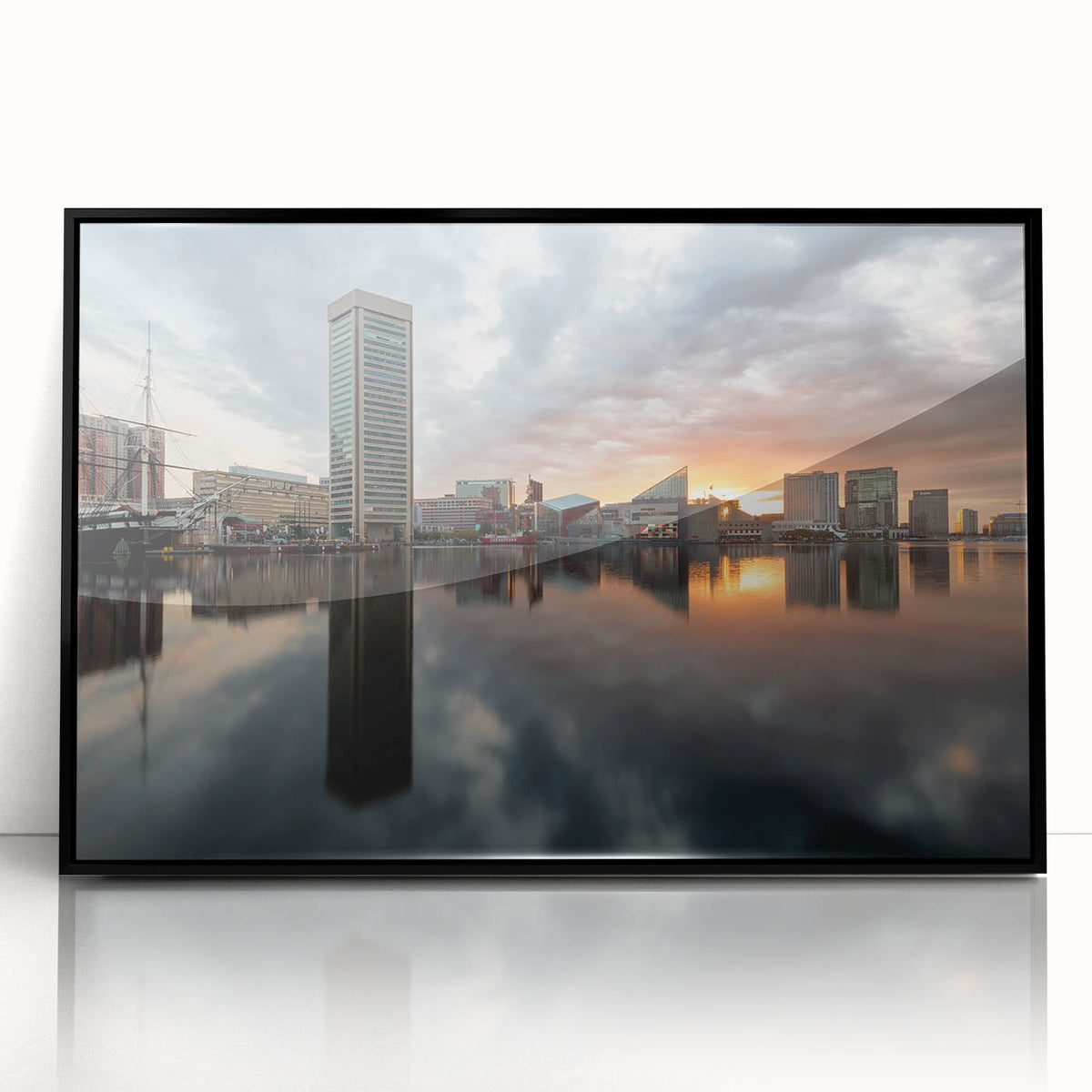 Large abstract wall art depicting Baltimore's skyline in muted grays and blues on a framed acrylic.